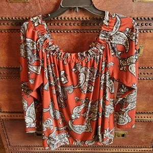 INC. Red paisley stretch fabric pullover. On or off shoulder Style